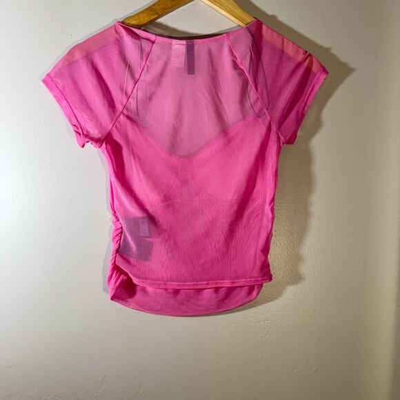 H&M Divided Mesh Corset-Style Neon Pink Ruched Bustier Blouse Y2K Barbiecore S - Picture 3 of 5
